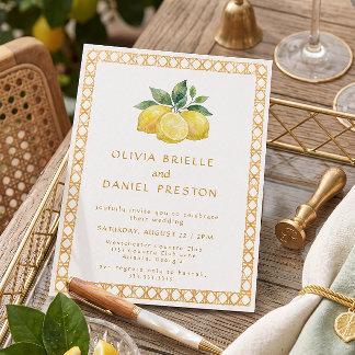 Convites Casamento Mediterrâneo Limão Cítrico Aquarela