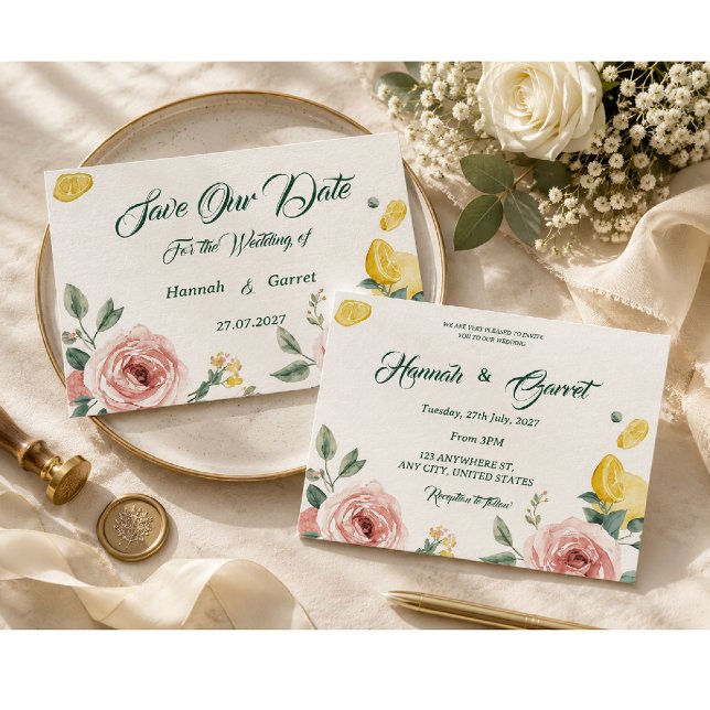 Convites Casamento Mediterrâneo Rosa Cor-de-Rosa & Limão (Criador carregado)