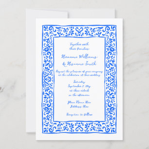 Convites Casamento Mediterrâneo RSVP QR Desenho à Mão Azul
