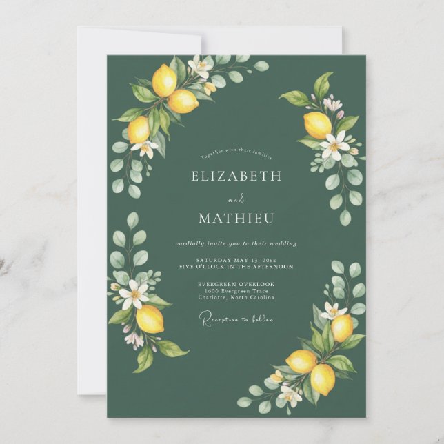 Convites Casamento Mediterrâneo Verde Escuro Fresco (Frente)