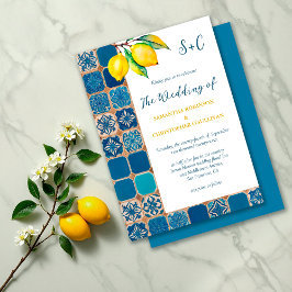 Convites Casamento mediterrânico com limão Azulejos italian