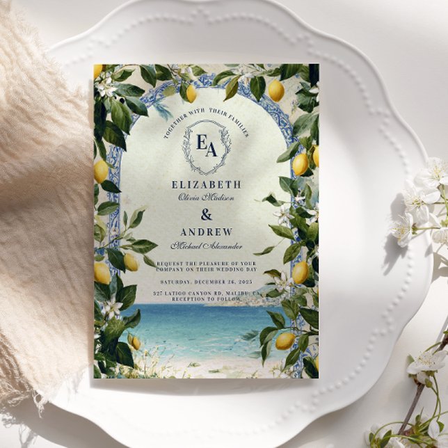 Convites Casamento mediterrânico com limão e verde (Criador carregado)