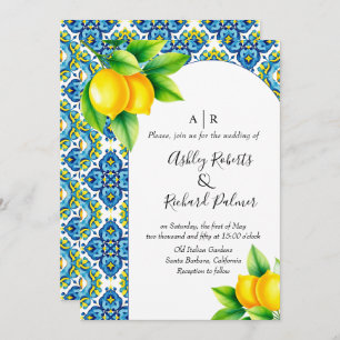 Convites Casamento mediterrânico de limão azulejo azul e am