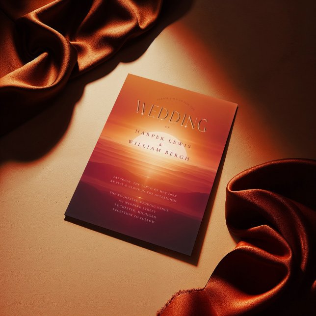 Convites Casamento mediterrânico do pôr do sol (Red mediterranian sunset wedding invitation. Inspired by romance novels.)