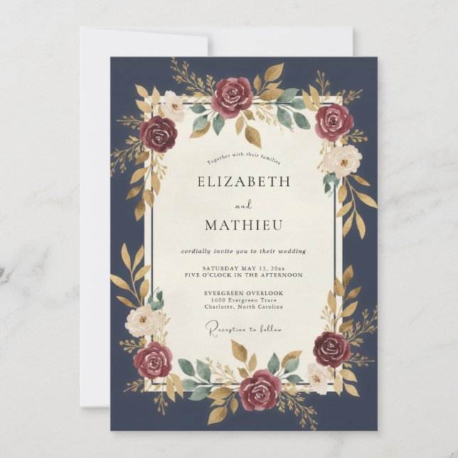 Convites Casamento Meia-Noite Dália Carmesim (Frente)