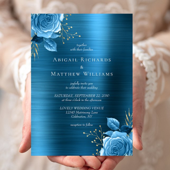 Convites Casamento Metal Brushed Floral Azul Dourado (Criador carregado)