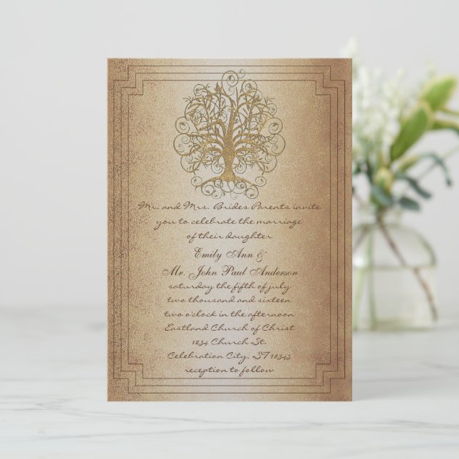 Convites Casamento Metálico Dourado da Árvore Suave Dourada (Em pé/Frente)