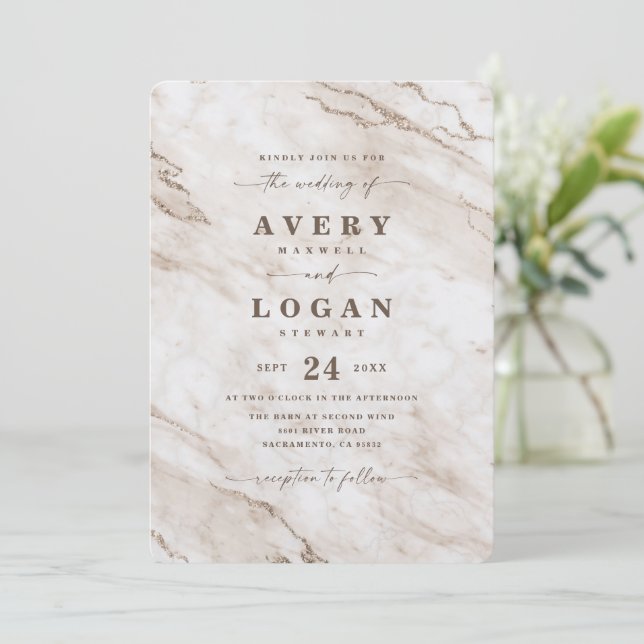 Convites Casamento Metálico Elegante De Beige Branco (Em pé/Frente)