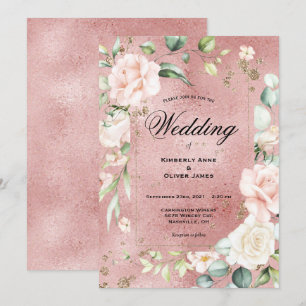 Convites Casamento Metálico Elegante Floral Eucalyptus Rosa