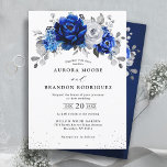 Convites Casamento Metálico Real Azul De Prata Branca Em<br><div class="desc">Elegante tema do casamento real azul branco prateado Convite com buquê elegante de azul real, Marinho, prata, cor branca pura, botões de flores de rosa e folhas verdes de eucalipto sábio. Entre em contato comigo para obter ajuda sobre a personalização ou se você precisar de outro produto com este design....</div>