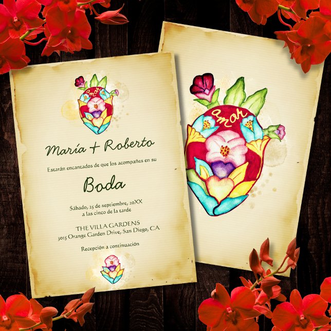 Convites Casamento Mexicano com Coração Floral Russo (Criador carregado)