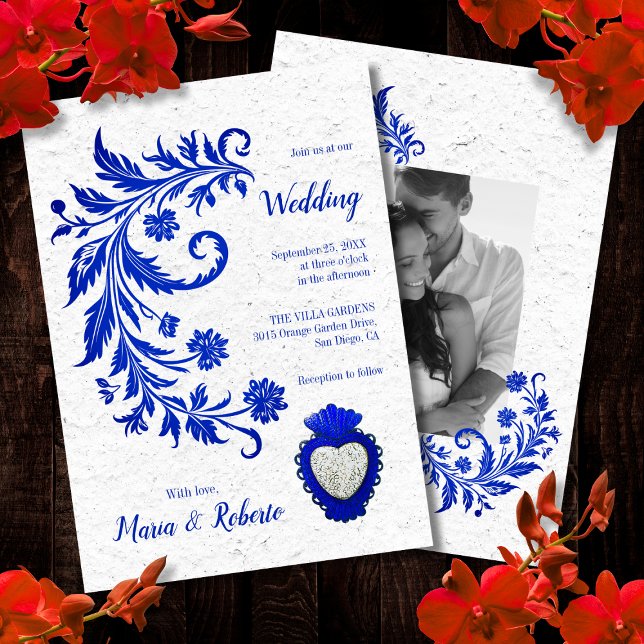 Convites Casamento mexicano de cor azul floral Elegante (Criador carregado)