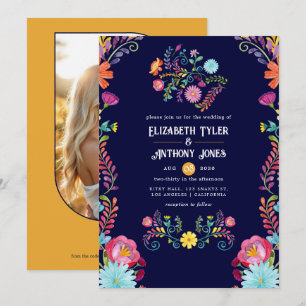 Convites Casamento Mexicano Fiesta com Azul Marinho e Flora