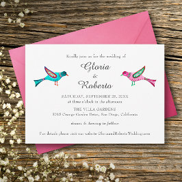 Convites Casamento Mexicano Pink & Blue Lovebird Boho