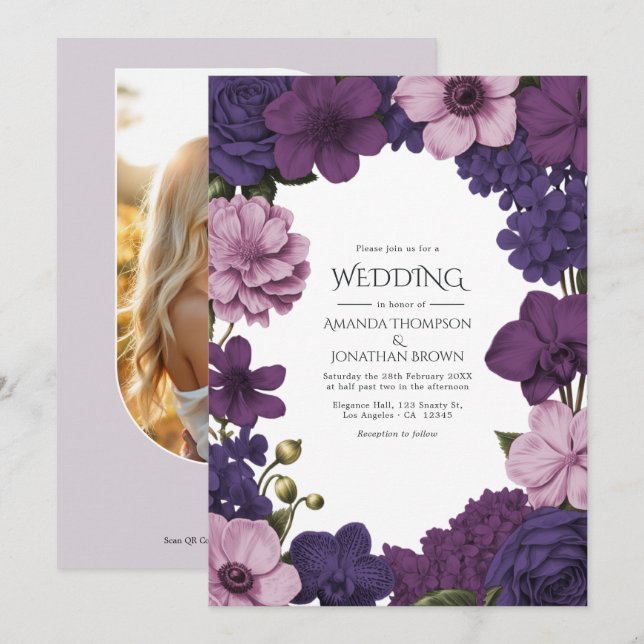 Convites Casamento Midnight Iris, Velvet Plum & Dusty Petal (Frente/Verso)