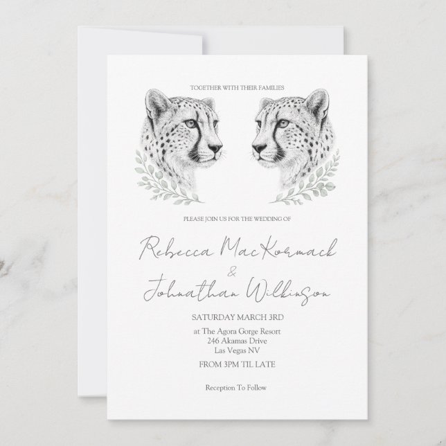 Convites Casamento Minimal Cheetah Chic Preto Script Grande (Frente)