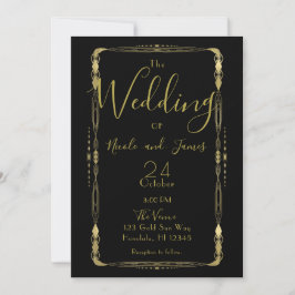Convites Casamento Minimal Retro Vintage Preto e Dourado De