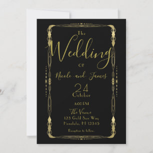 Convites Casamento Minimal Retro Vintage Preto e Dourado De