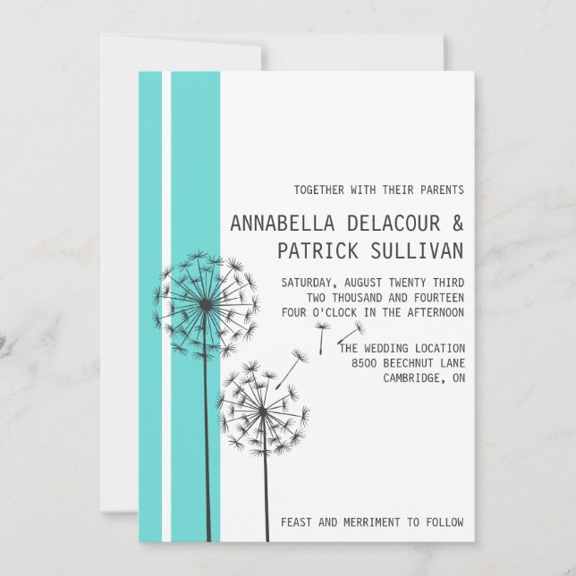 Convites Casamento Minimalista Azul com Dandelions (Frente)