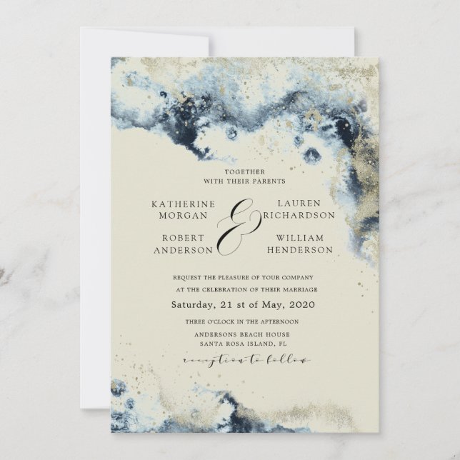 Convites Casamento Minimalista Azul e Dourado (Frente)