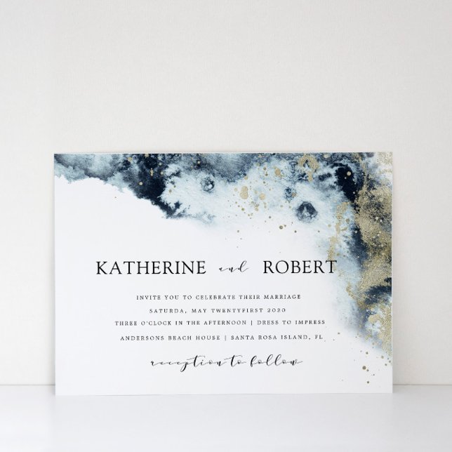 Convites Casamento Minimalista Azul e Dourado (Criador carregado)