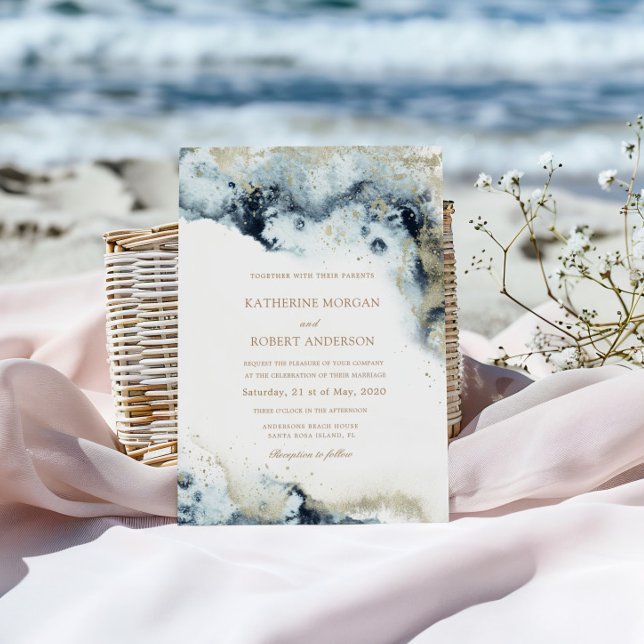 Convites Casamento Minimalista Azul e Dourado (Criador carregado)