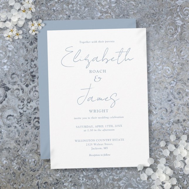 Convites Casamento Minimalista Azul Empoeirado com Letra El (Dusty Blue Minimalist Elegant Script Wedding Invitation)