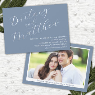 Convites Casamento Minimalista Azul Empoeirado Foto Elegant