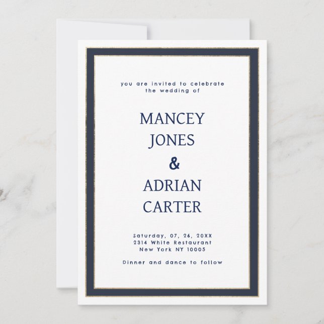 Convites Casamento minimalista azul marinho branco dourado (Frente)