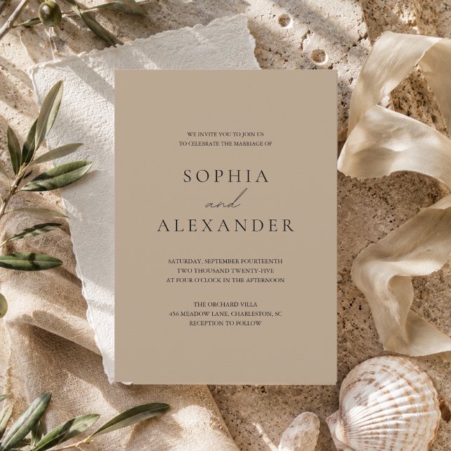 Convites Casamento Minimalista Bege Moderno Elegante  (Criador carregado)