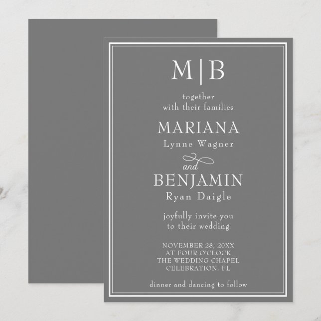 Convites Casamento Minimalista Boho Cinza Moderno (Frente/Verso)
