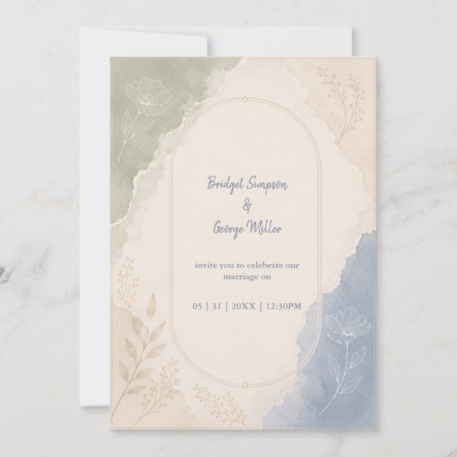 Convites Casamento minimalista botânico em azul-sage (Frente)