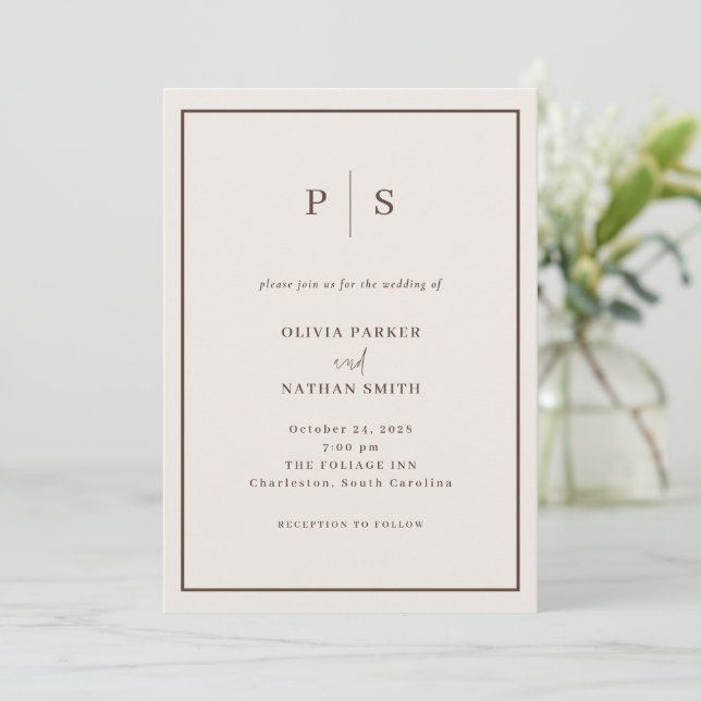 Convites Casamento Minimalista Branco Cremoso e Marrom Chic (Em pé/Frente)