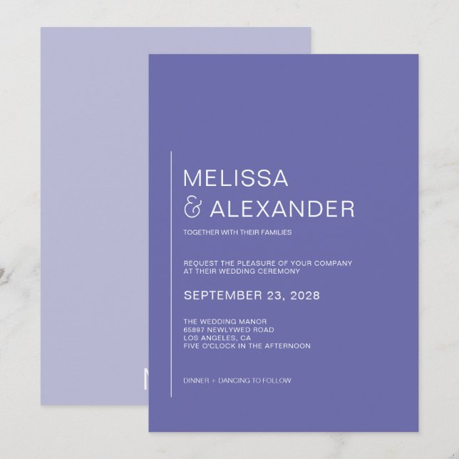 Convites Casamento minimalista chic branco e pervinca (Frente/Verso)