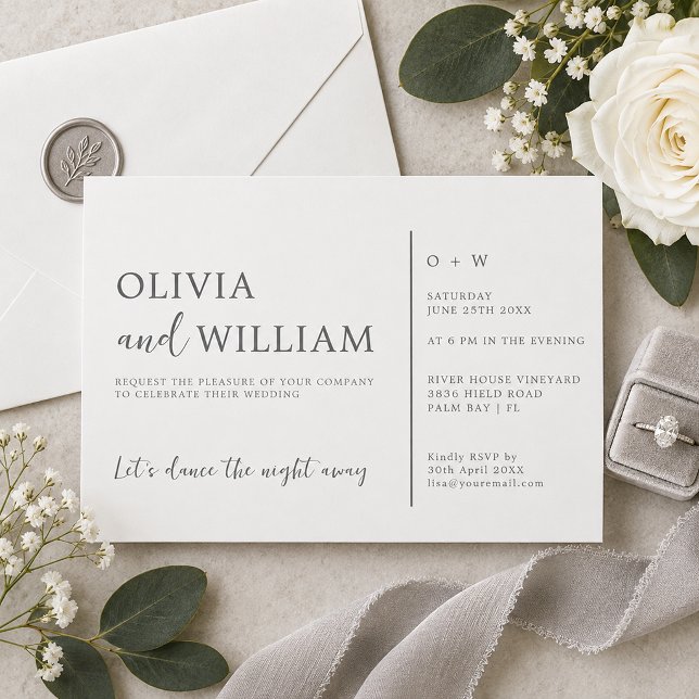 Convites Casamento Minimalista Chic Cinza Prata Script (Elegant Wedding Invitation)