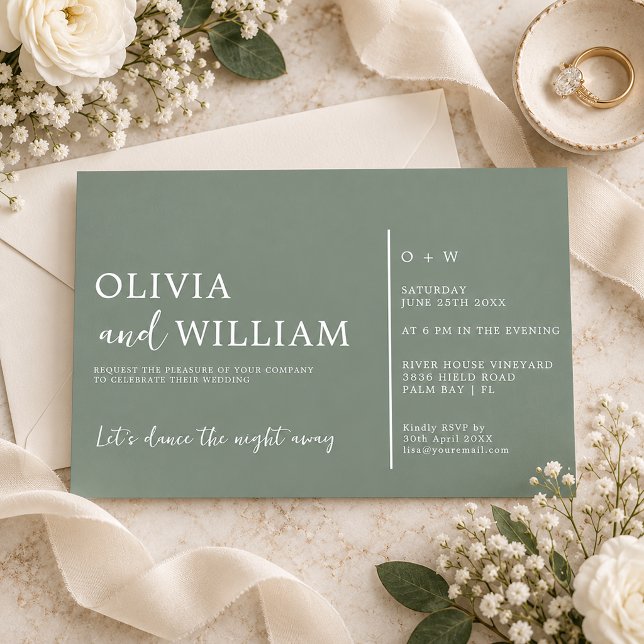 Convites Casamento Minimalista Chic em Verde Sálvia com Let (Sage Green Chic Minimal Script Wedding)