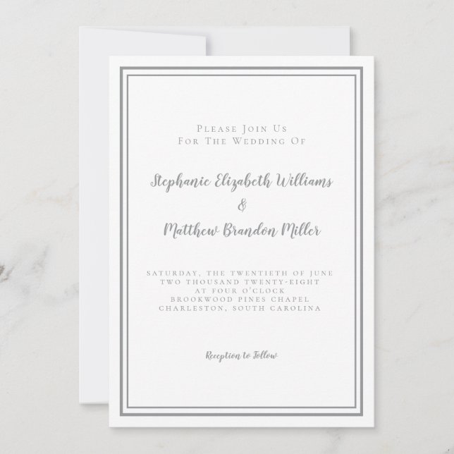 Convites Casamento Minimalista Cinza Branco Chique Elegante (Frente)