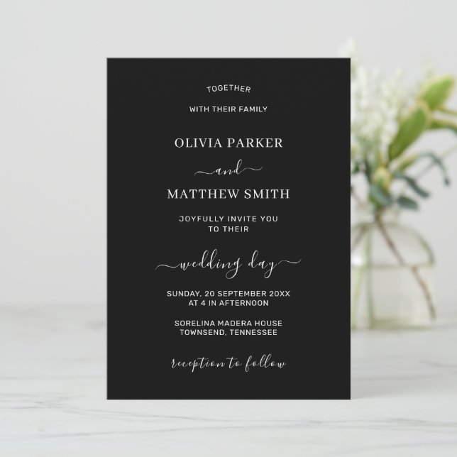 Convites Casamento Minimalista Clássico Negro Elegante (Em pé/Frente)