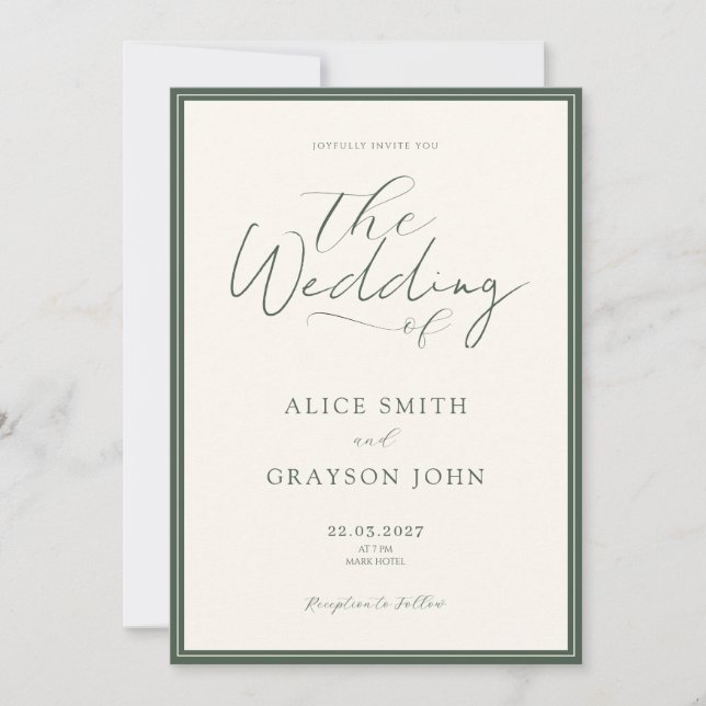 Convites Casamento Minimalista Clássico Rústico Verde (Frente)
