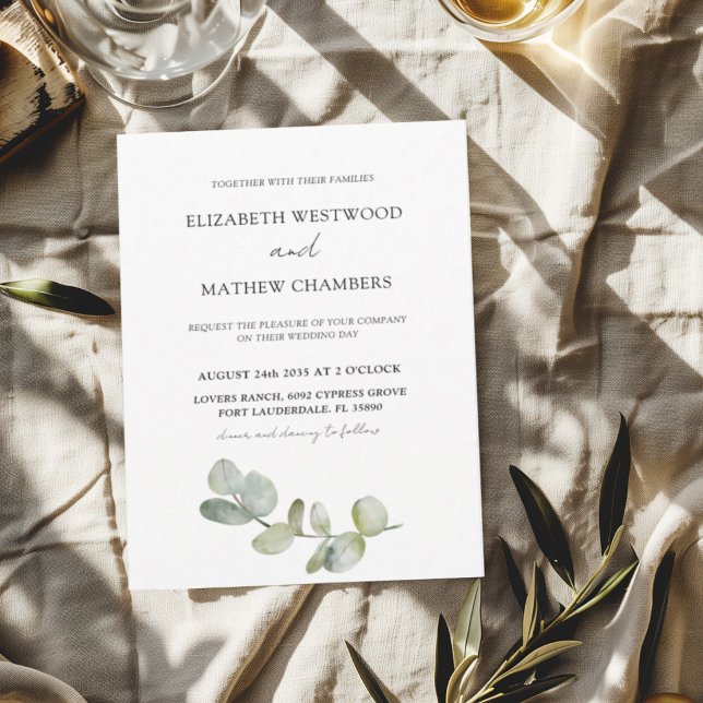 Convites Casamento Minimalista com Aguarela Verde de Eucali (Criador carregado)