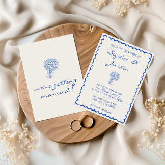 Convites Casamento Minimalista com Borda Sinuosa Azul Elega