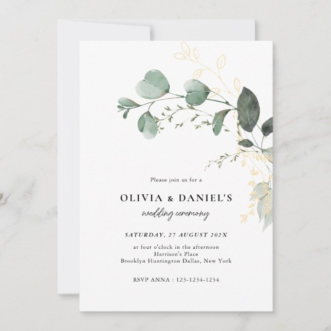 Convites Casamento Minimalista com Eucalipto Dourado e Verd (Frente)