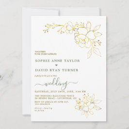 Convites Casamento Minimalista com Flores Douradas em Verde