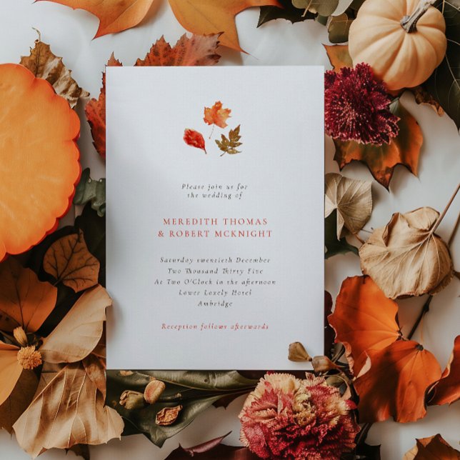 Convites Casamento Minimalista com Folhas de Outono Laranja (Criador carregado)