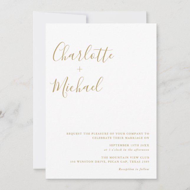 Convites Casamento Minimalista com Letra Dourada (Frente)