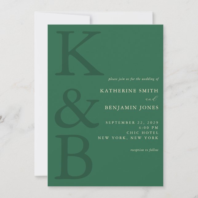 Convites Casamento Minimalista com Monograma Verde Moderno (Frente)