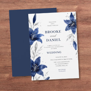 Convites Casamento Minimalista com Ramalhete de Lírios Navy