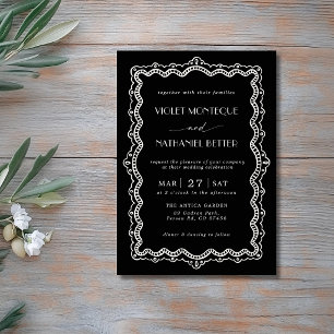Convites Casamento Minimalista com Renda Preta e Branca Old
