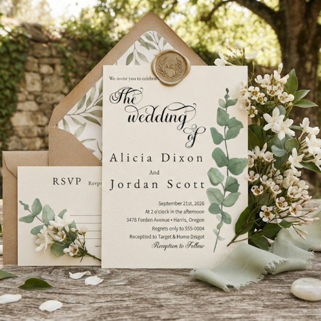 Convites Casamento Minimalista com Verde de Eucalipto (Criador carregado)