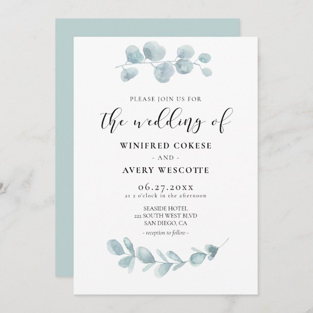 Convites Casamento minimalista de água verde (Frente/Verso)